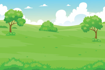Obraz premium A vibrant cartoon landscape depicts rolling green hills under a bright blue sky