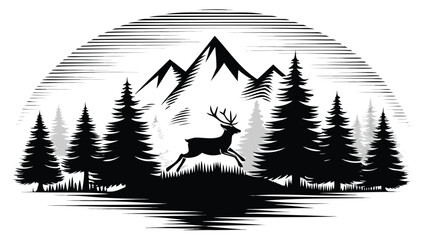 Vector illustration of deer running in forest with mountains