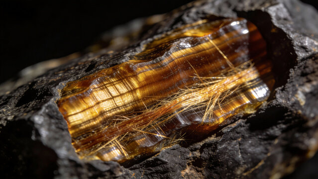 Tigers eye stone in dark rock matrix. Golden fibrous bands creating chatoyant eye effect. Natural semiprecious mineral for jewelry making and crystal healing