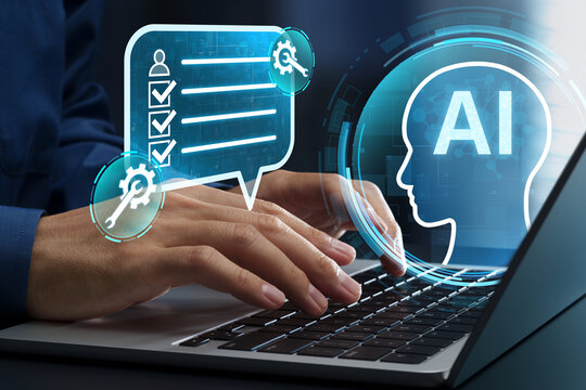 Prompt engineering and optimization. Instruction design for large language models. Businessman using generative AI on laptop computer.