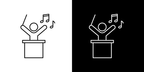 Single icon of conductor leading an orchestra with musical notes floating around, representing music and performance © Tifany