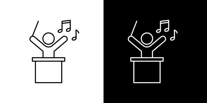 Single icon of conductor leading an orchestra with musical notes floating around, representing music and performance