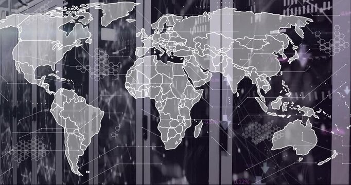 Animation of world map and arrows over shapes and server room