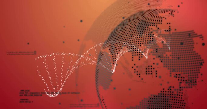 Animation of data processing with globe over dna strand on orange background