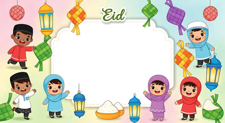Fototapeta premium Eid children greeting card template with lanterns and sweets.