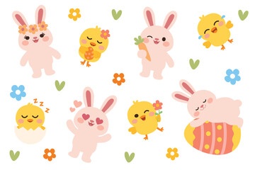 Fototapeta premium Joyful Easter animals with flowers and egg props Springtime illustration with bunnies, chicks and blossoms Adorable Easter creatures with colorful festive elements