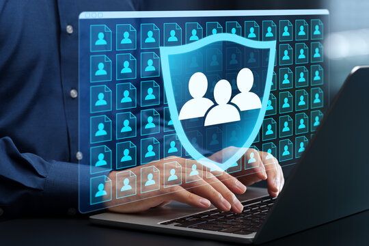 Protection of users&rsquo; personal information. Secure customer data management. Businessman using laptop computer with information security system.