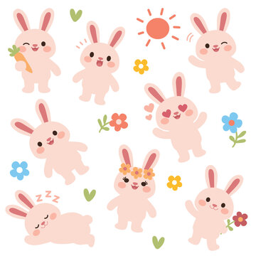 Cute bunnies in spring celebration scene Cartoon rabbits and chicks clipart with festive decorations Joyful Easter animals with flowers and eggs