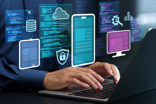 Web app development. Responsive websites design for enhancing user experience. Engineer developing application.