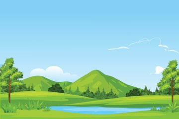 Obraz premium A vibrant cartoon landscape depicts rolling green hills a small lake and a