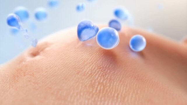 Close-up animation of translucent blue moisture droplets deeply penetrating human skin pores, illustrating hydration and skincare absorption process