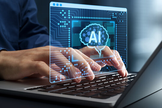 AI accelerator for Edge AI. AI and machine learning based application. Businessman using laptop computer with semiconductor chip specialized for AI.