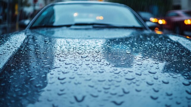 Car windshield with rain drops and frameless wiper blade,Traffic Jam with raining in evening day in the city,Drops of water on the car after rainy,outside car,Raindrops falling on a glass droplets.