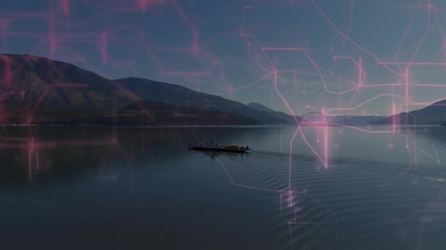 Dawn breaking triggers wooden boat crossing lake while magenta lines spreading to show digital mesh