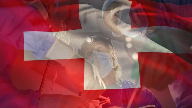 Surgeon entering OR, flag overlay rippling as assistants handing scalpels for precise surgery