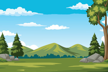 A bright cartoon landscape depicts green hills trees and a vibrant blue sky © PUNNABEGUM