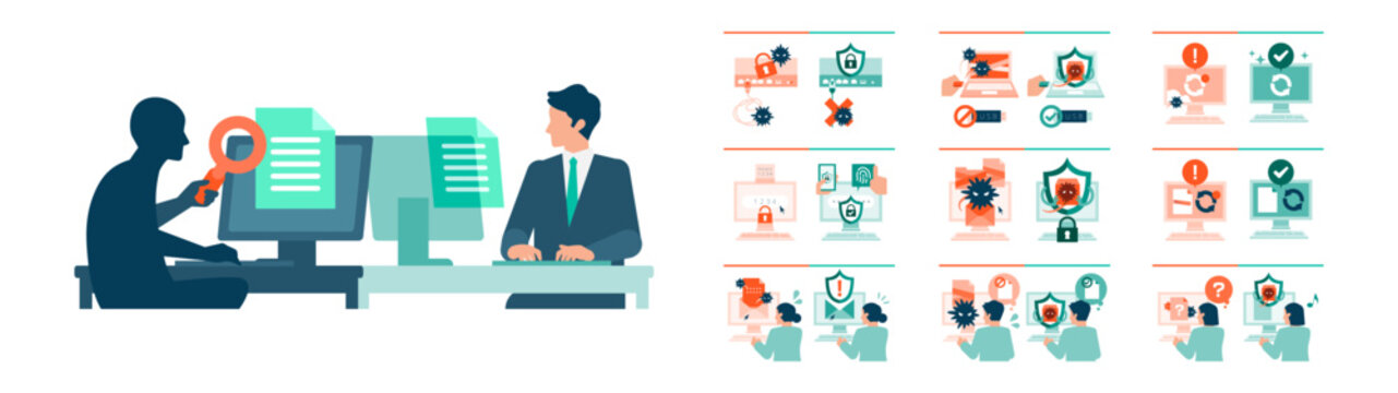 Cybersecurity business scene with data protection, malware and ransomware defense, network security, access control and risk management in modern digital workplace