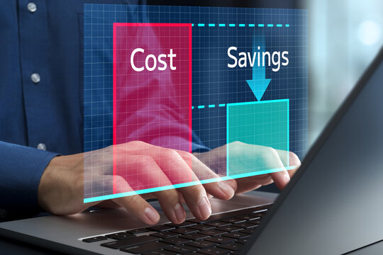 Cost savings and business management strategies. Low-budget and effective operation. Businessman using laptop computer to analyze spending for waste reduction.