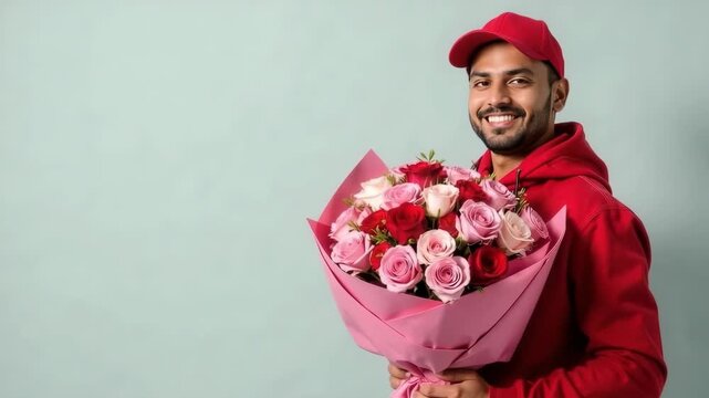 Smiling delivery man in red uniform holding a bouquet of roses in pink wrapping paper on a gray background with space for text