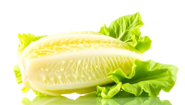 Ultra-realistic studio photograph of fresh napa cabbage (Chinese cabbage), one head cut lengthwise to reveal pale yellow-white layered ribs and tightly packed leaves, with loose green outer leaves sur