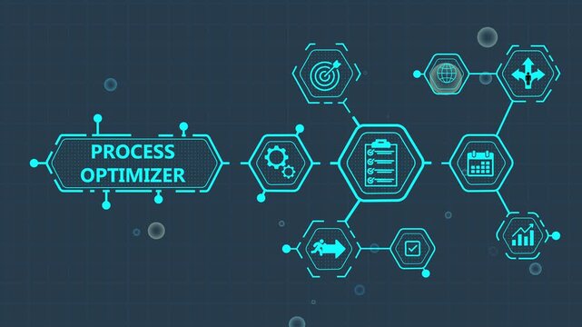 Process Optimizer Business Concept with Infographic and Flowchart Symbols on Dark Blue Background business process