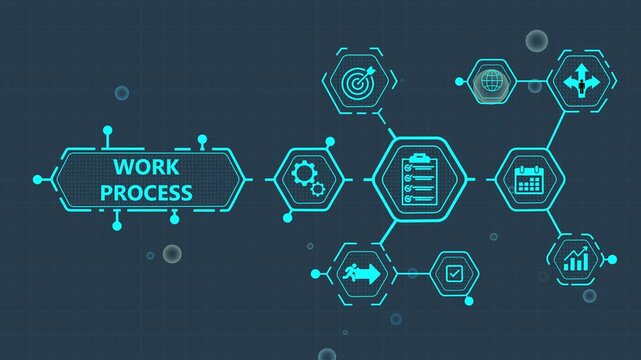 Business Process Workflow Diagram with Infographic and Hexagonal on Dark Blue Background hexagonal productivity