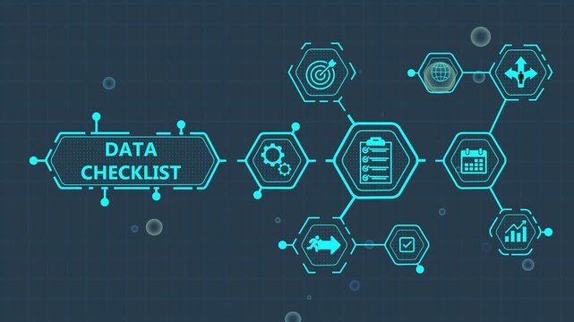 Data Checklist Infographic Template with Various Business and Productivity on Dark Background workflow