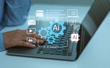 Naklejka premium Person working on laptop AI agents workflow concept with artificial intelligence automation gears business technology smart automation, digital data processing enterprise systems future productivity