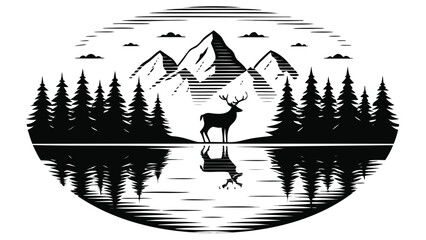 Vector illustration of deer in forest landscape