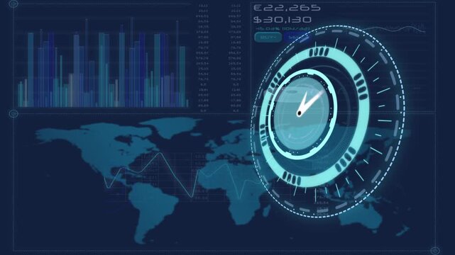 Animation of clock data processing and map on navy background