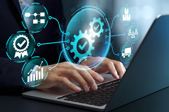 Operations management for corporate business strategy. High productivity workflow and efficient resource allocation. Businessman using laptop computer to manage performance.