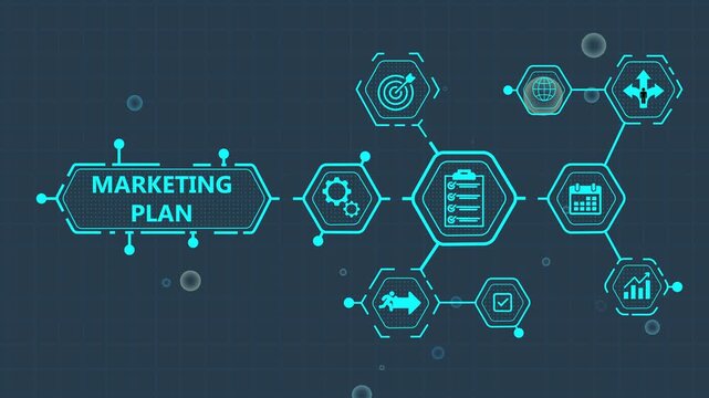 Marketing plan flowchart with and symbols on a dark blue background business strategy infographic