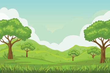 Obraz premium A vibrant landscape depicts rolling green hills fluffy clouds and lush trees high quality