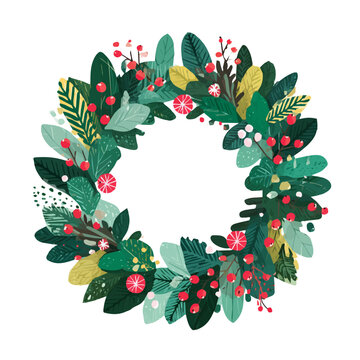 Christmas Wreath, 2D flat vector illustration in icon style, isolated on a white background