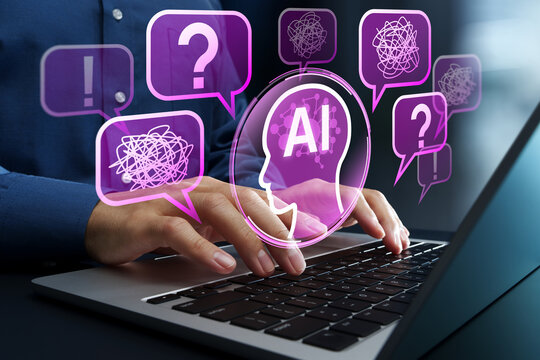 AI hallucinations and incorrect outputs. False information and fabricated contents. Businessman using generative AI on a laptop computer.