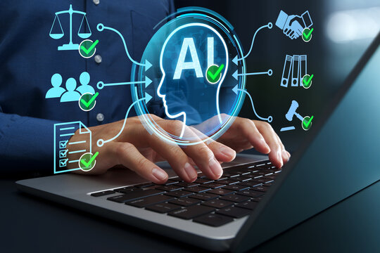 AI ethics. AI governance and compliance. Responsible and fair AI development and use of AI. Businessman using explainable AI on laptop computer.