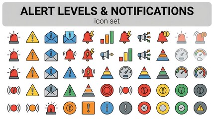 Alert Levels Notifications Critical Warning Emergency Medical Monitoring Priority System Escalation Health Vector Icon Set - Alert System