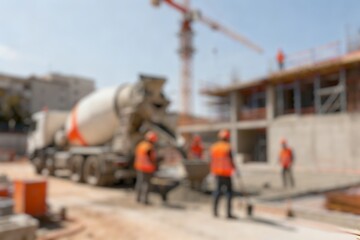 Blurred background of a cement mixer truck pours fresh concrete into a foundation at a construction site, showcasing workers and machinery 
