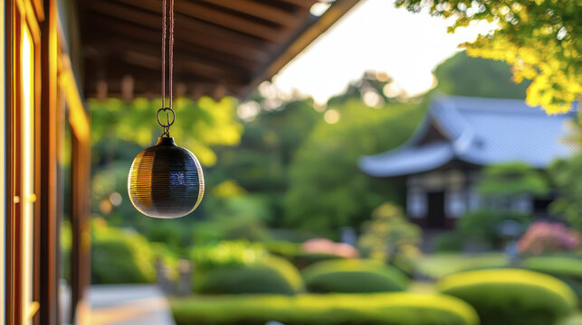 Japanese wind chime glass hanging traditional outdoor summer sunlight garden peaceful tranquil green foliage creates serene atmosphere in Japanese garden with soft sunlight
