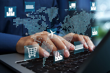 Supply chain and logistics analytics. Global transportation planning and inventory management. Analyst using laptop computer for demand forecasting. © tadamichi