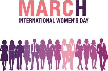 Diverse professional women standing united, March celebration, International Women&rsquo;s Day tribute, empowerment and equality, flat vector illustration, pink purple theme