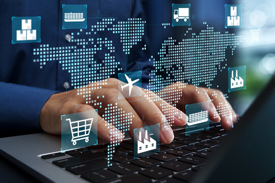 Supply chain and logistics analytics. Global transportation planning and inventory management. Analyst using laptop computer for demand forecasting.