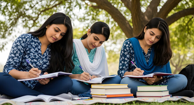 Three young Indian female students studying and writing notes ou