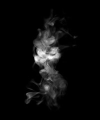 Abstract white smoke shape isolated on black background, flowing fog and swirling vapor with soft motion blur, mysterious dark atmosphere, dramatic haze texture for overlay, design creative background