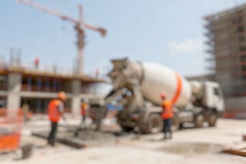 Naklejka premium Blurred background of a cement mixer truck pours fresh concrete into a foundation at a construction site, showcasing workers and machinery 