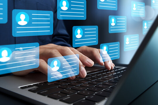 Social media and networking. Strategic use of short-form messaging apps in business marketing. Businessman using laptop computer to post on microblog platform.