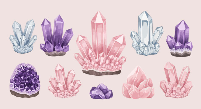 Collection of various natural healing crystals and gemstones on an isolated light pink background