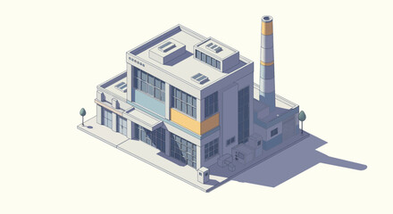 Obraz premium Isometric view of an industrial factory building with a large chimney, representing manufacturing and production, isolated white background.