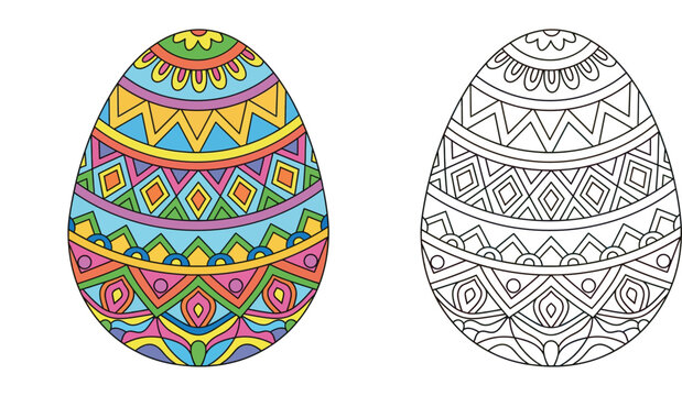 Easter egg vector set with colored and outline version for coloring book page, ornamental spring holiday symbol illustration