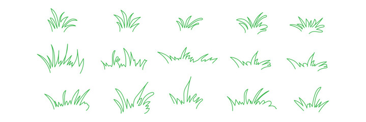 
Grass line doodle. Outline grassland or meadow sketch, simple field design. Black grass brush stroke hand drawn texture for garden pattern or lawn. Herb marker vector isolated element